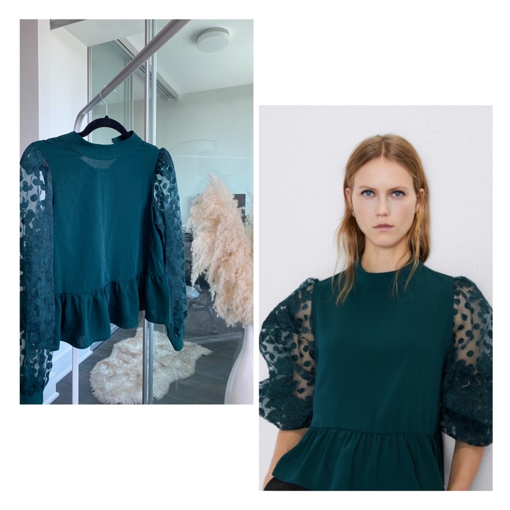 Zara Green Balloon Sleeve Poplin Top